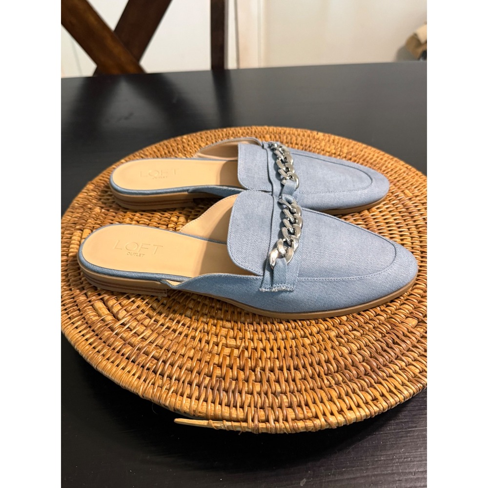 Loft Outlet Womens Denim Chain Link Mules Light Blue Pointed Toe Flats Size 10M